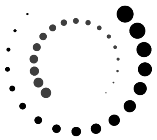 Circular loading spinner with dots gradually increasing and decreasing in size.