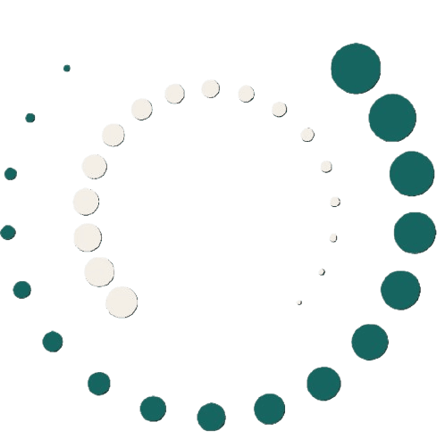 Abstract circular design made up of alternating green and white dots of varying sizes on a transparent background.