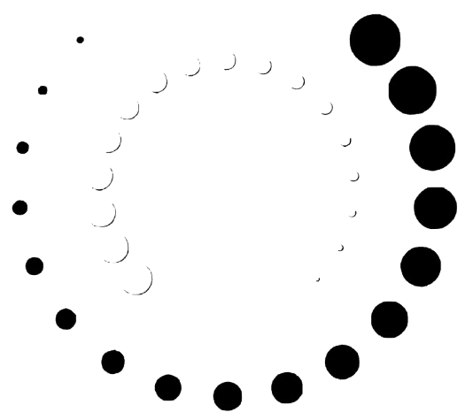 Circular loading icon with black dots arranged in a spiral, gradually decreasing in size.