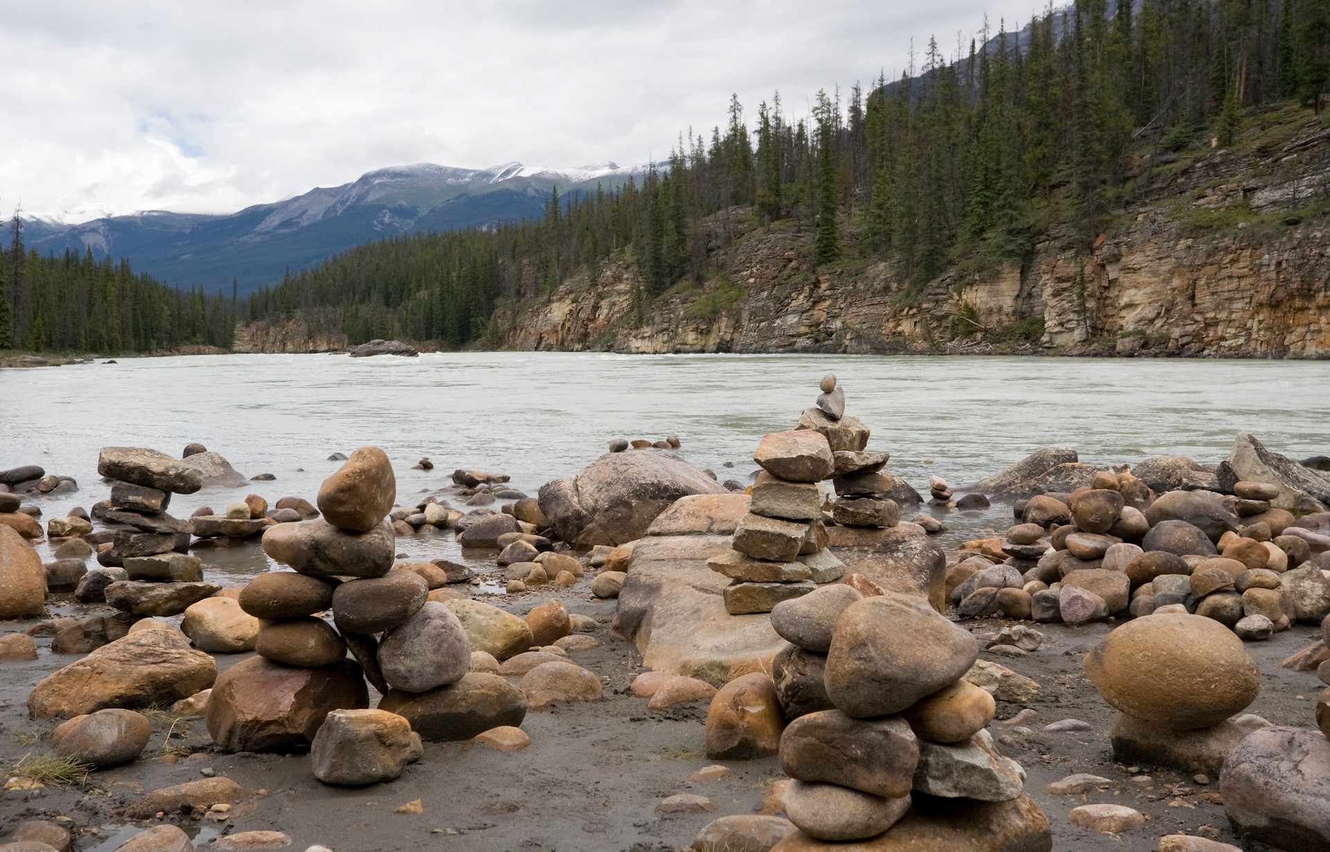 athabasca river with stacks of rocks